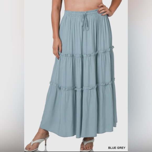 Plus Size Boho Drawstring Tiered Ruffle Maxi Skirt - Picture 1 of 2